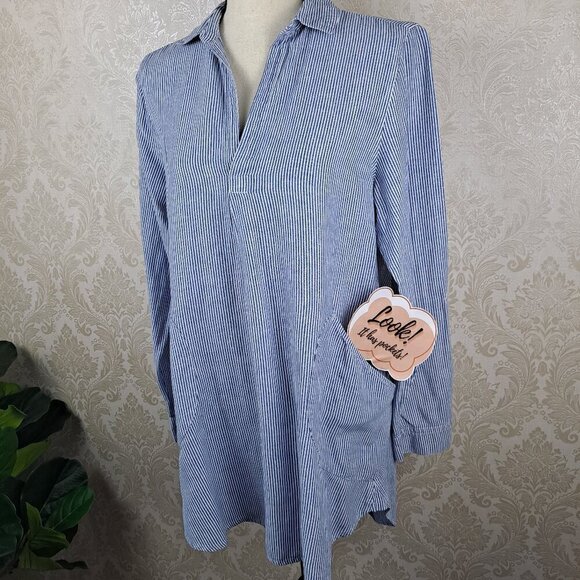 For Cynthia Sz Medium Blue White Striped Tunic Long Sleeve Roll Tab Split V-neck - Picture 3 of 15